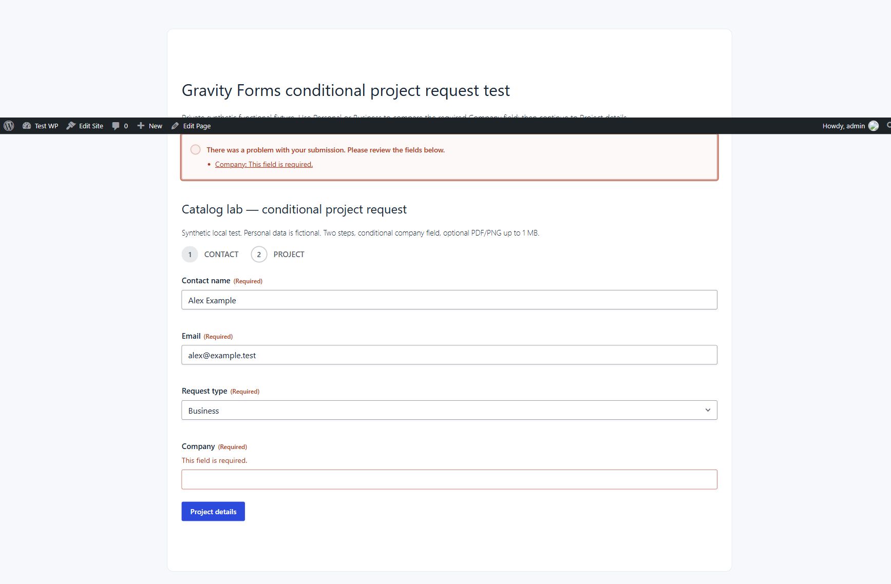 Business request showing the Company field and its required validation message