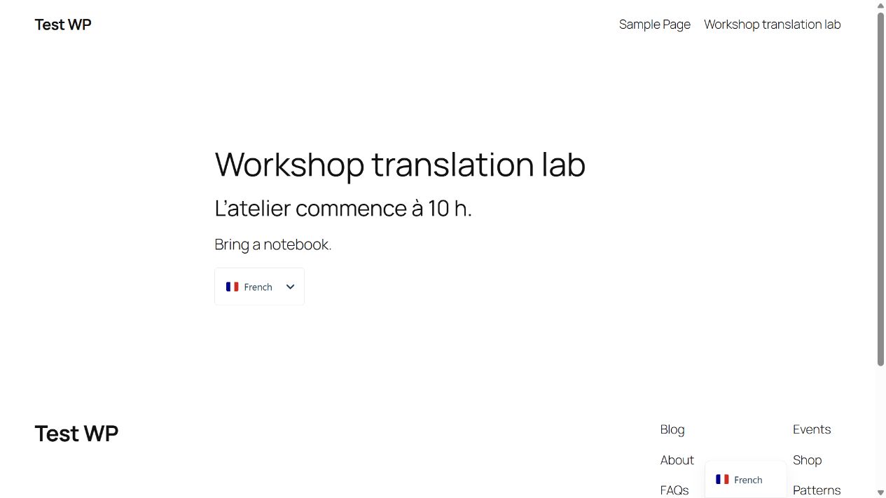 French route showing the translated workshop time and the English notebook sentence